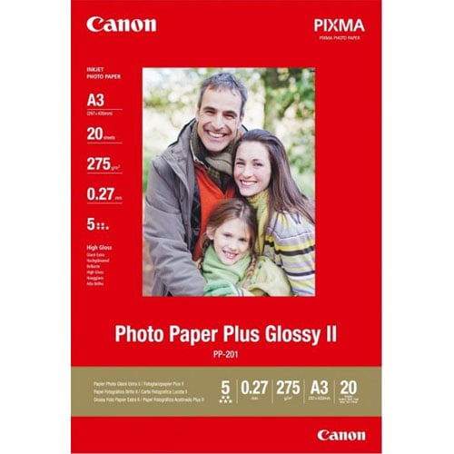Canon Photo Paper Plus Glossy II packaging with a family photo on a red background