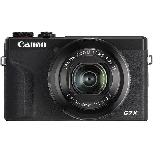 Canon PowerShot G7 X Mark III: 20.1MP 1" stacked CMOS sensor, DIGIC 8 processor, 4.2x optical zoom (24-100mm), f/1.8-2.8 lens, 4K 30p and Full HD 120p video, 20fps shooting, 3" tilting touchscreen, Wi-Fi, Bluetooth, live streaming to YouTube, external mic input, optical image stabilizer.