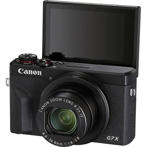 Canon PowerShot G7 X Mark III: 20.1MP 1" stacked CMOS sensor, DIGIC 8 processor, 4.2x optical zoom (24-100mm), f/1.8-2.8 lens, 4K 30p and Full HD 120p video, 20fps shooting, 3" tilting touchscreen, Wi-Fi, Bluetooth, live streaming to YouTube, external mic input, optical image stabilizer.