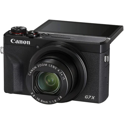 Canon PowerShot G7 X Mark III: 20.1MP 1" stacked CMOS sensor, DIGIC 8 processor, 4.2x optical zoom (24-100mm), f/1.8-2.8 lens, 4K 30p and Full HD 120p video, 20fps shooting, 3" tilting touchscreen, Wi-Fi, Bluetooth, live streaming to YouTube, external mic input, optical image stabilizer.