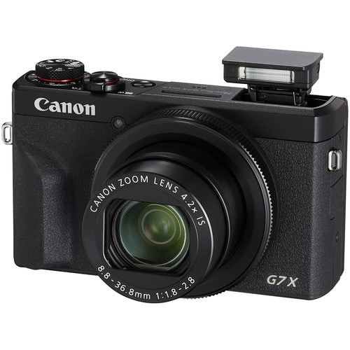 Canon PowerShot G7 X Mark III: 20.1MP 1" stacked CMOS sensor, DIGIC 8 processor, 4.2x optical zoom (24-100mm), f/1.8-2.8 lens, 4K 30p and Full HD 120p video, 20fps shooting, 3" tilting touchscreen, Wi-Fi, Bluetooth, live streaming to YouTube, external mic input, optical image stabilizer.