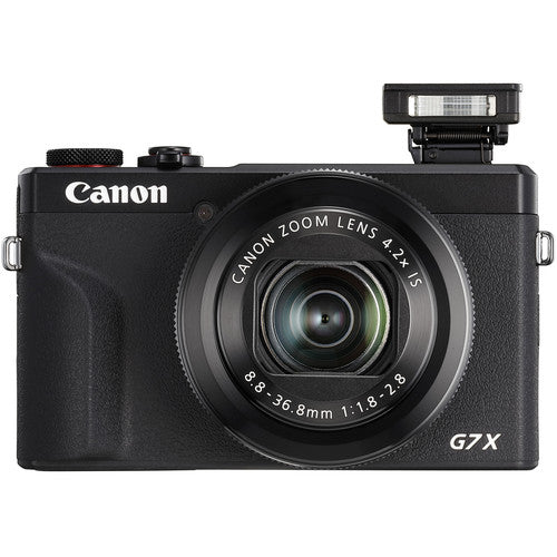 Canon PowerShot G7 X Mark III: 20.1MP 1" stacked CMOS sensor, DIGIC 8 processor, 4.2x optical zoom (24-100mm), f/1.8-2.8 lens, 4K 30p and Full HD 120p video, 20fps shooting, 3" tilting touchscreen, Wi-Fi, Bluetooth, live streaming to YouTube, external mic input, optical image stabilizer.