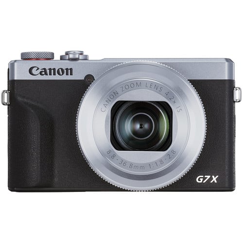 Canon PowerShot G7 X Mark III (Silver): 20.1MP 1" stacked CMOS sensor, DIGIC 8 processor, 4.2x optical zoom (24-100mm), f/1.8-2.8 lens, 4K 30p & Full HD 120p video, 20fps shooting, 3" tilting touchscreen, Wi-Fi, Bluetooth, live streaming, external mic input. 