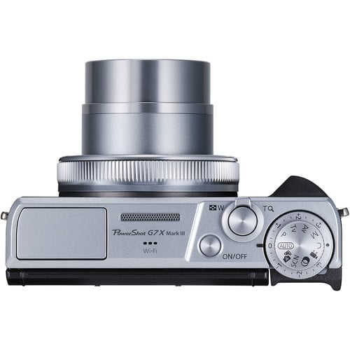 Canon PowerShot G7 X Mark III (Silver): 20.1MP 1" stacked CMOS sensor, DIGIC 8 processor, 4.2x optical zoom (24-100mm), f/1.8-2.8 lens, 4K 30p & Full HD 120p video, 20fps shooting, 3" tilting touchscreen, Wi-Fi, Bluetooth, live streaming, external mic input. 