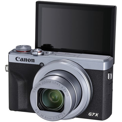 Canon PowerShot G7 X Mark III (Silver): 20.1MP 1" stacked CMOS sensor, DIGIC 8 processor, 4.2x optical zoom (24-100mm), f/1.8-2.8 lens, 4K 30p & Full HD 120p video, 20fps shooting, 3" tilting touchscreen, Wi-Fi, Bluetooth, live streaming, external mic input. 
