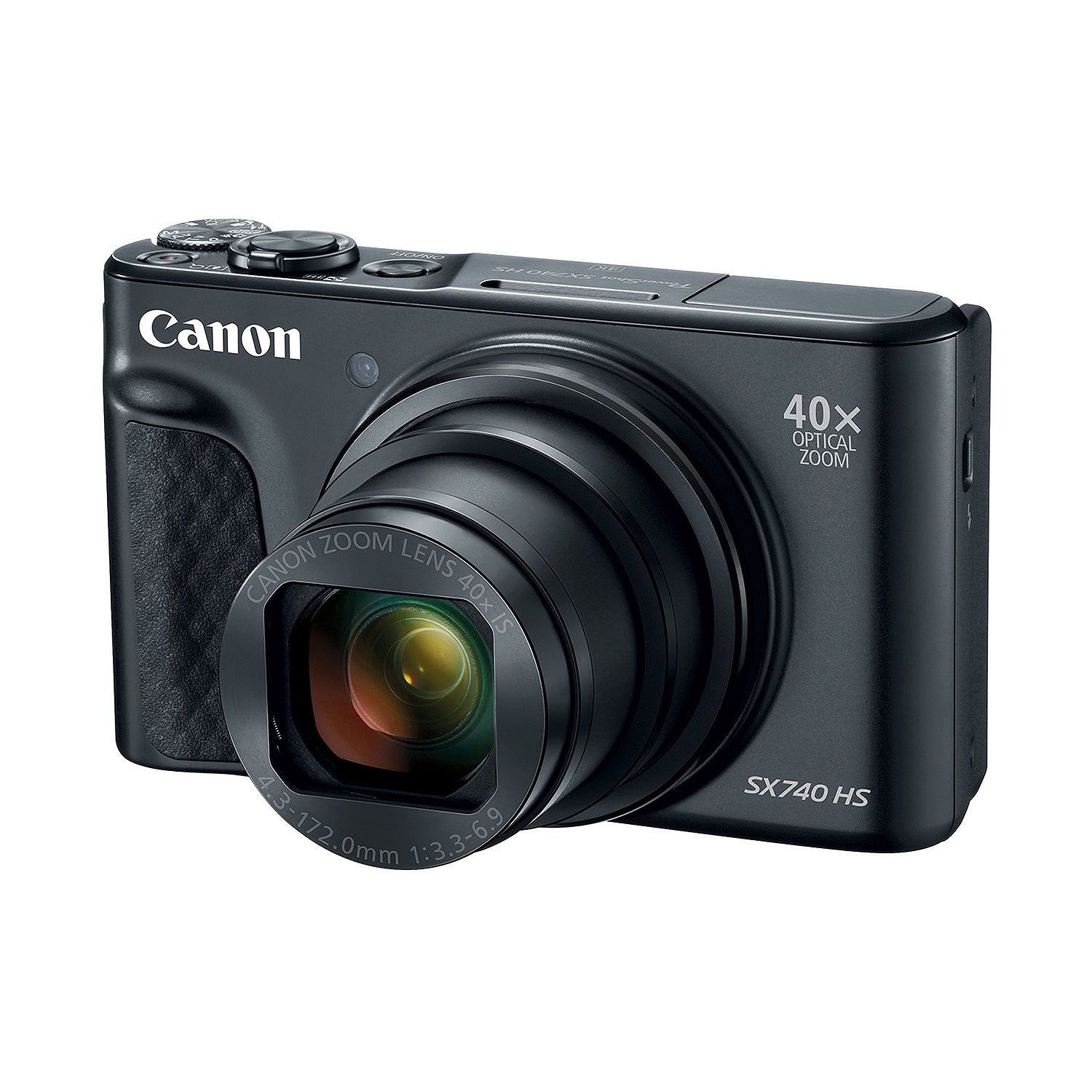 Canon PowerShot SX740 HS Digital Compact Camera in Black featuring a 40× optical zoom lens, built-in flash, 3-inch flip screen, and compact body ideal for travel photography.