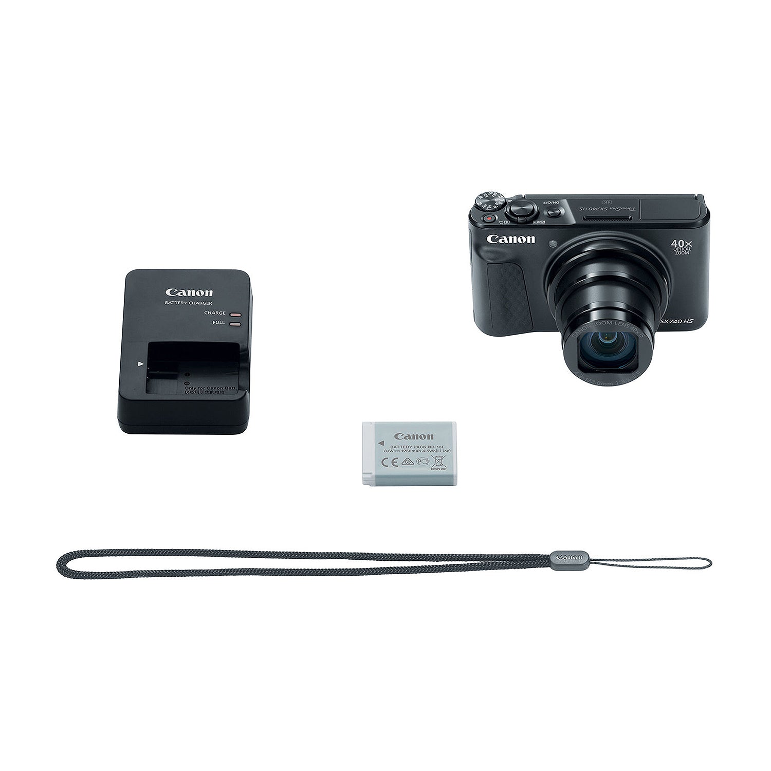 Canon PowerShot SX740 HS Digital Compact Camera in Black featuring a 40× optical zoom lens, built-in flash, 3-inch flip screen, and compact body ideal for travel photography.