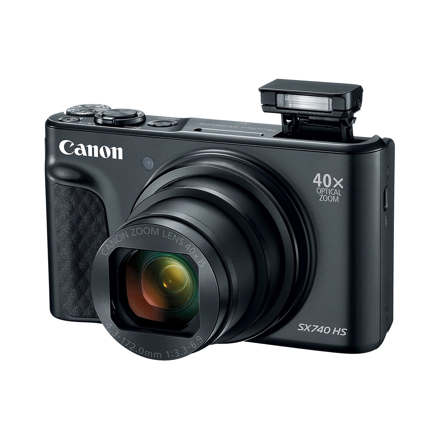 Canon PowerShot SX740 HS Digital Compact Camera in Black featuring a 40× optical zoom lens, built-in flash, 3-inch flip screen, and compact body ideal for travel photography.