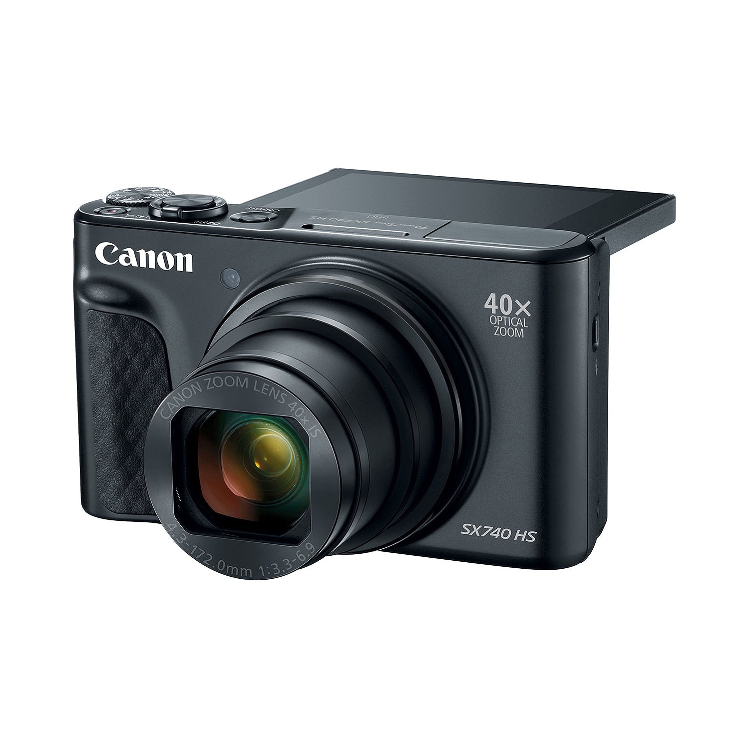 Canon PowerShot SX740 HS Digital Compact Camera in Black featuring a 40× optical zoom lens, built-in flash, 3-inch flip screen, and compact body ideal for travel photography.
