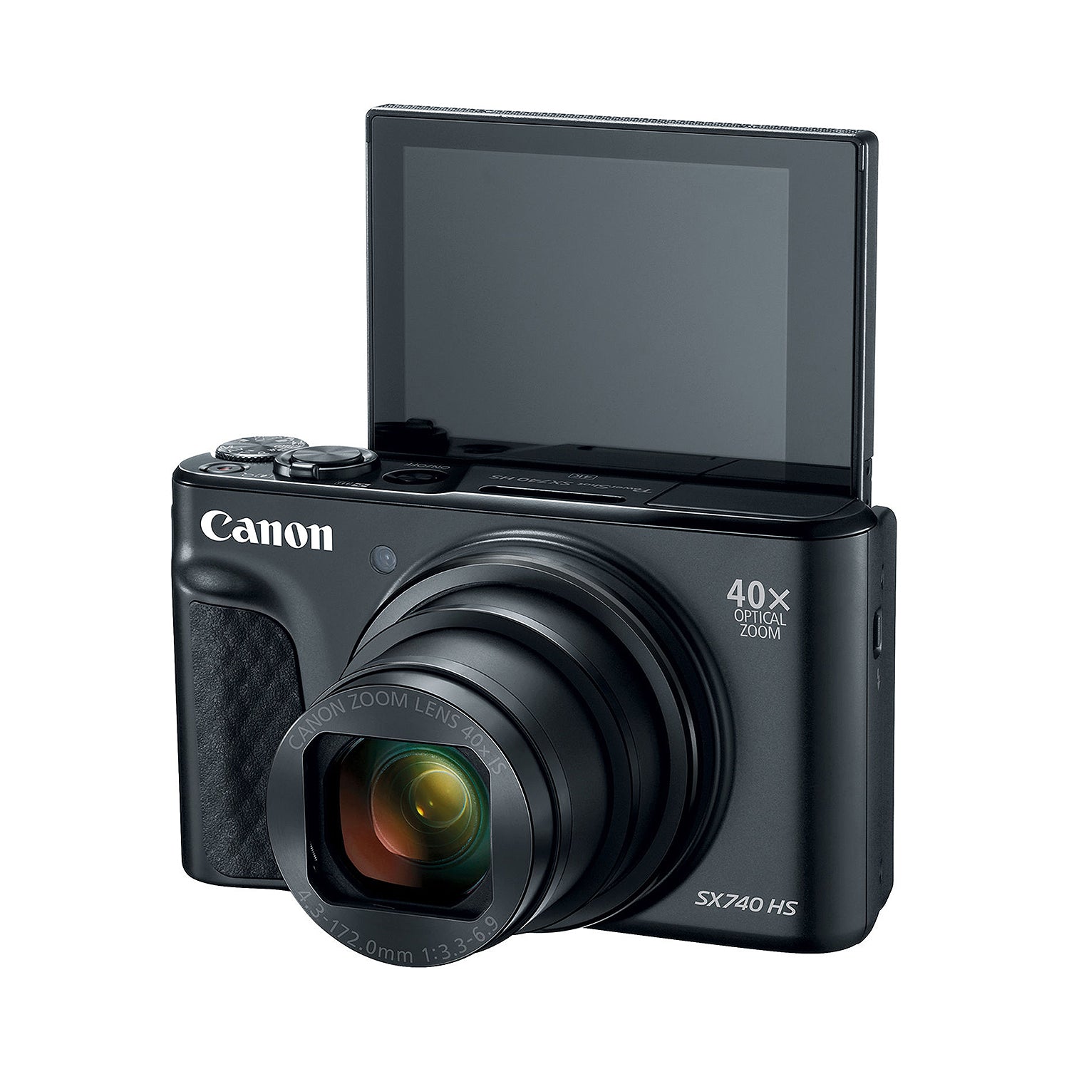Canon PowerShot SX740 HS Digital Compact Camera in Black featuring a 40× optical zoom lens, built-in flash, 3-inch flip screen, and compact body ideal for travel photography.