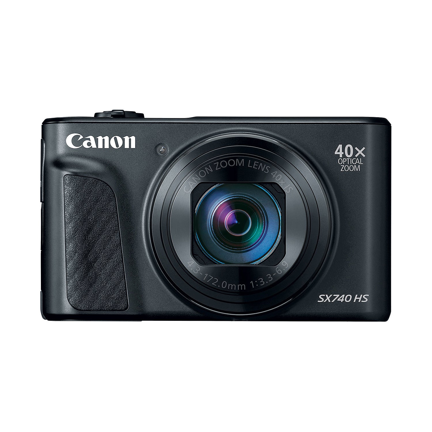 Canon PowerShot SX740 HS Digital Compact Camera in Black featuring a 40× optical zoom lens, built-in flash, 3-inch flip screen, and compact body ideal for travel photography.