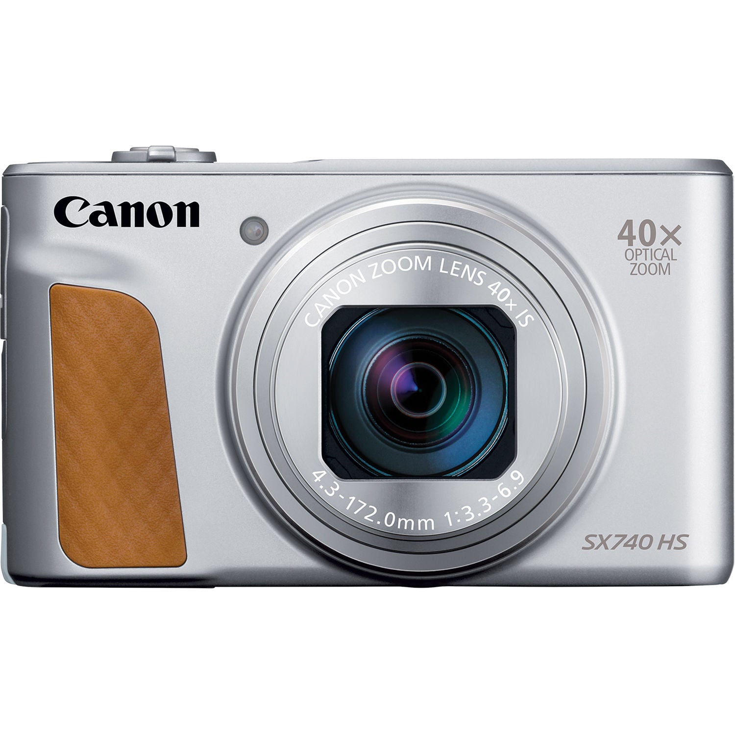 Canon PowerShot SX740 HS Digital Compact Camera in Silver featuring 40× optical zoom lens, built-in flash, flip screen, and compact design.