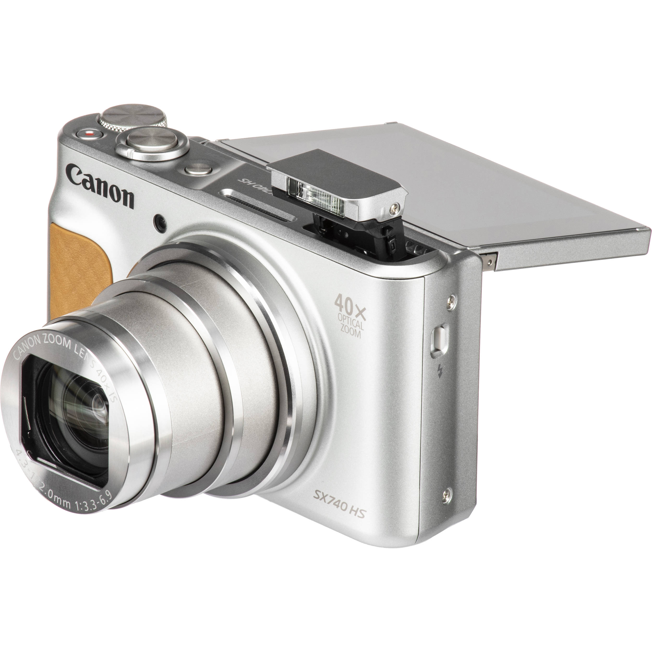 Canon PowerShot SX740 HS Digital Compact Camera in Silver featuring 40× optical zoom lens, built-in flash, flip screen, and compact design.