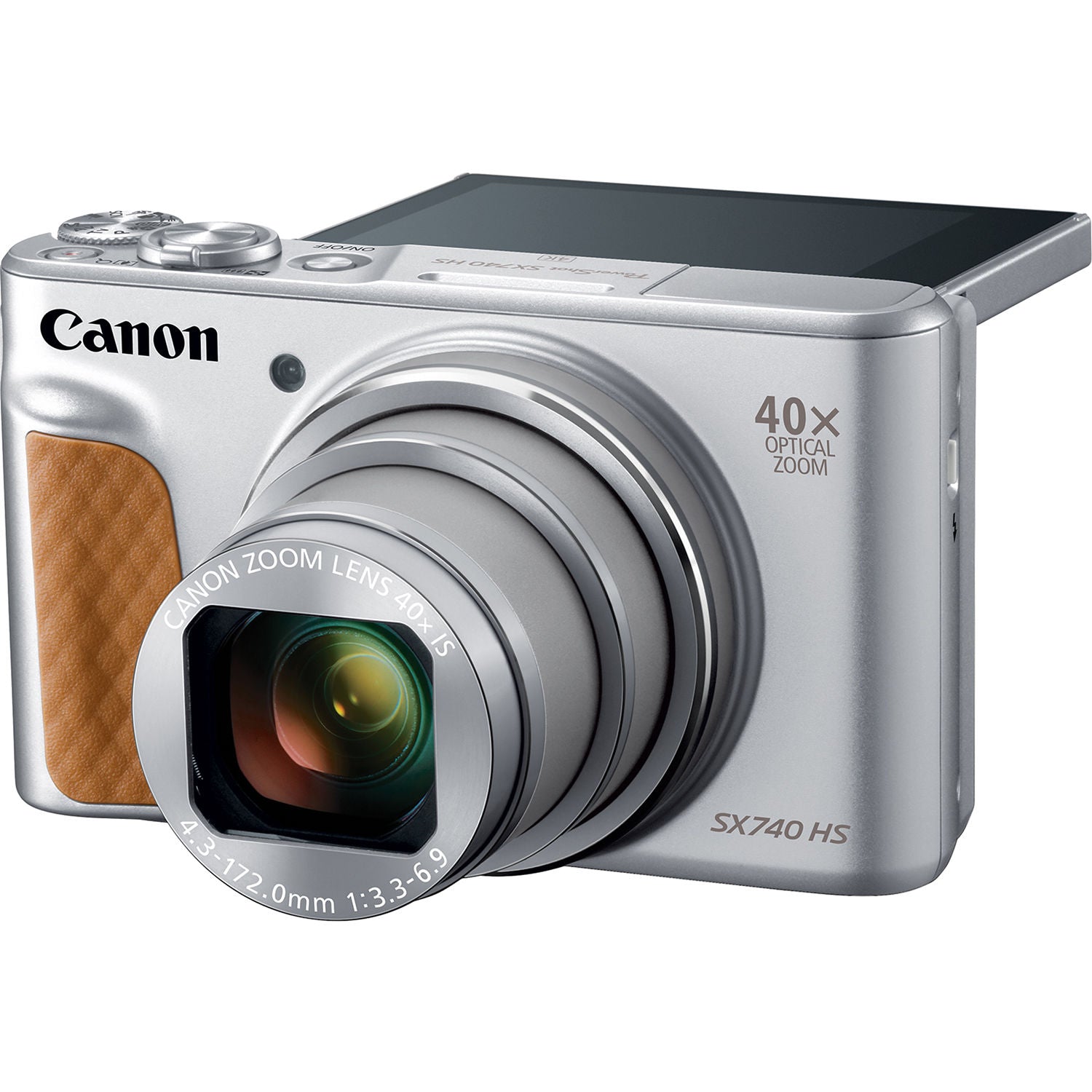 Canon PowerShot SX740 HS Digital Compact Camera in Silver featuring 40× optical zoom lens, built-in flash, flip screen, and compact design.