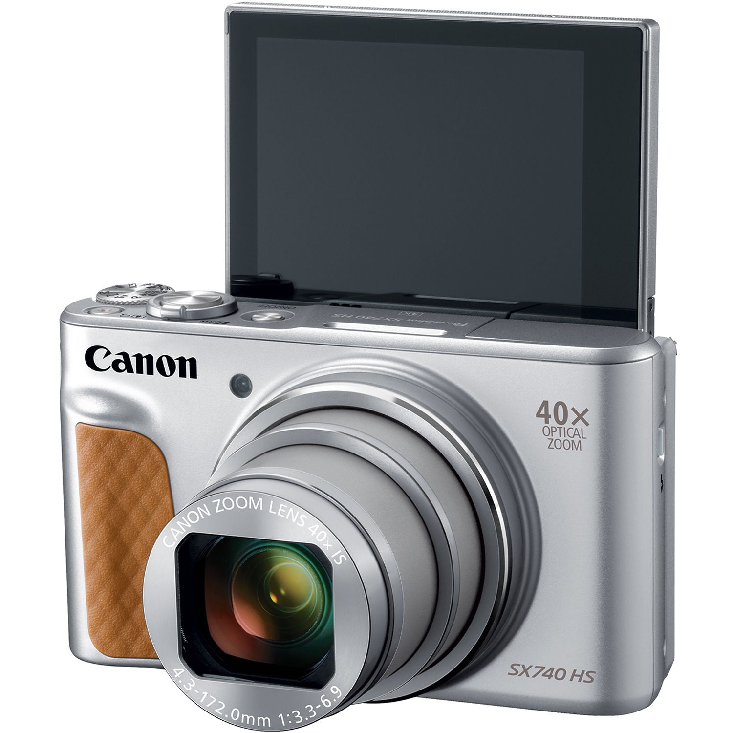 Canon PowerShot SX740 HS Digital Compact Camera in Silver featuring 40× optical zoom lens, built-in flash, flip screen, and compact design.