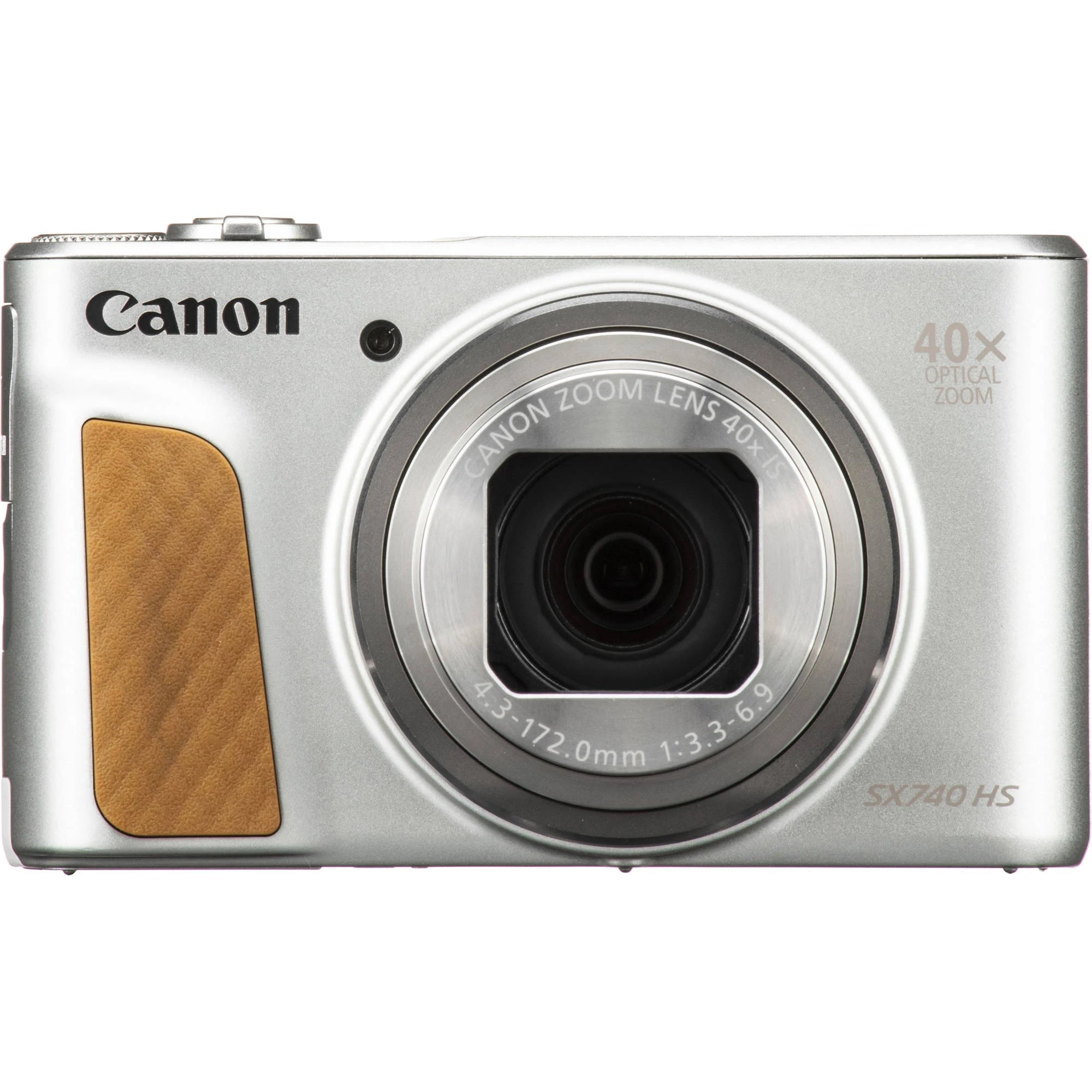 Canon PowerShot SX740 HS Digital Compact Camera in Silver featuring 40× optical zoom lens, built-in flash, flip screen, and compact design.