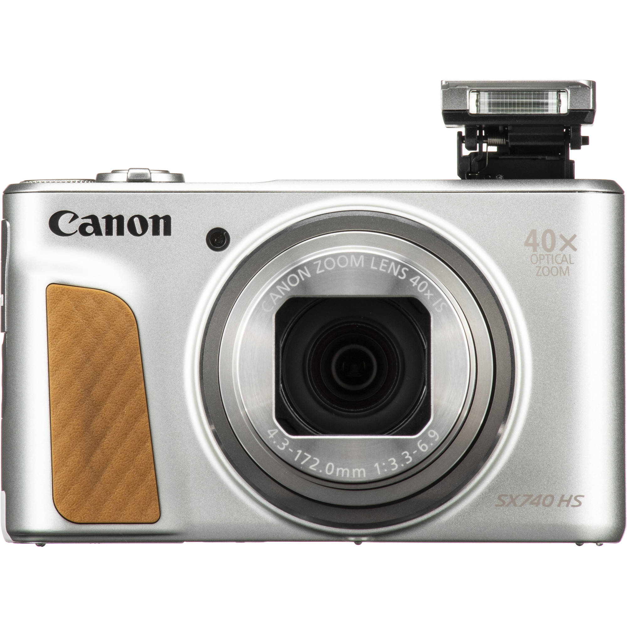 Canon PowerShot SX740 HS Digital Compact Camera in Silver featuring 40× optical zoom lens, built-in flash, flip screen, and compact design.