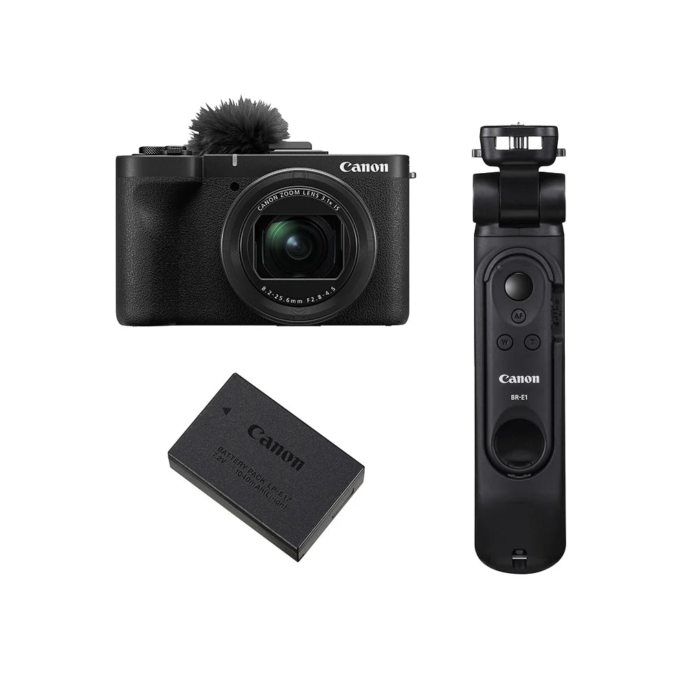 Canon PowerShot V1 Premium Vlogger Kit: 22MP 1.4" CMOS sensor, 16-50mm f/2.8-4.5 lens, 4K 30p full-width and 4K 60p (1.4x crop) video, Dual Pixel CMOS AF II, built-in cooling fan, 3" vari-angle touchscreen, Canon Log 3, built-in ND filter, mic input, headphone output, Wi-Fi, USB-C, 32GB SD card, tripod grip, and windscreen included.