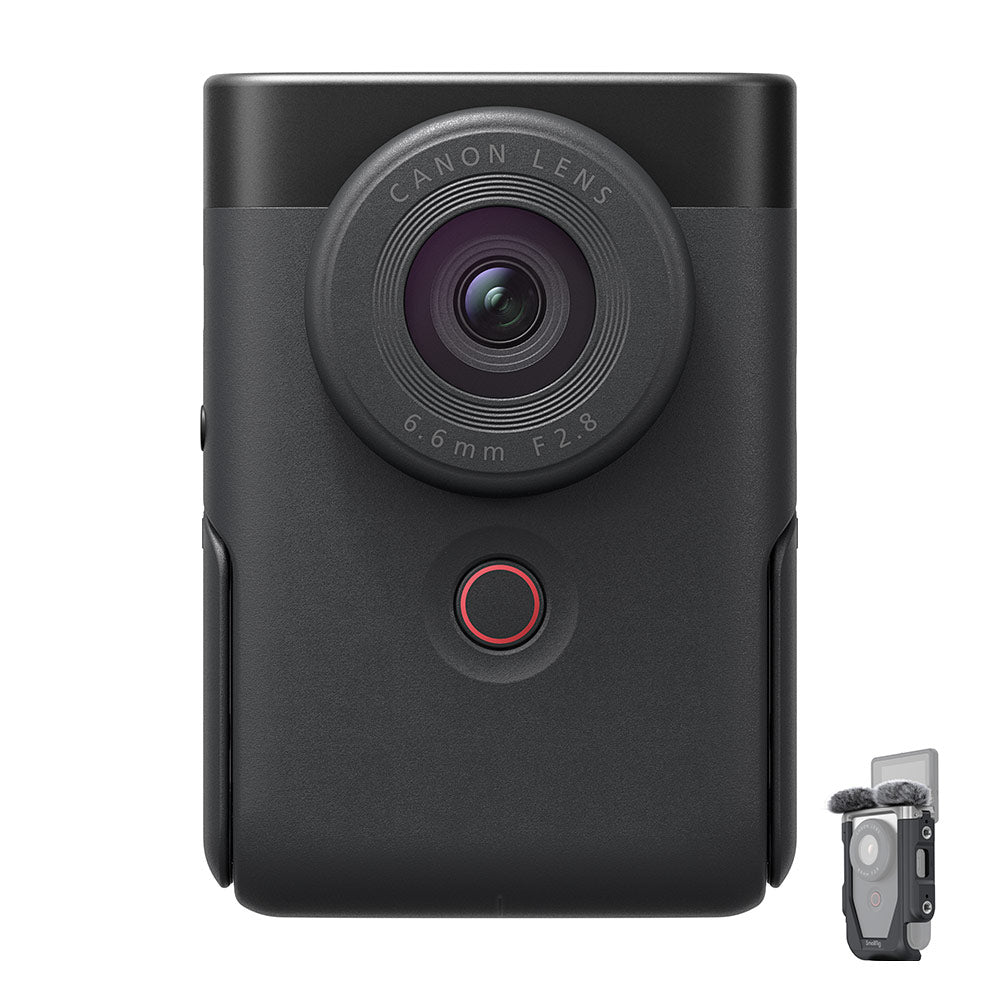 Canon PowerShot V10 Advanced Vlogging Kit: Compact 15MP 1" BSI CMOS sensor, built-in 19mm wide-angle lens, UHD 4K30p and Full HD 60p video, dual stereo microphones with wind filter, enhanced image stabilization, 2" tilting touchscreen, built-in stand, Wi-Fi & Bluetooth, plastic-free packaging, includes camera cage kit with windshields and storage bag.