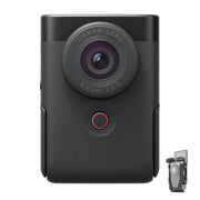 Canon PowerShot V10 Advanced Vlogging Kit: Compact 15MP 1" BSI CMOS sensor, built-in 19mm wide-angle lens, UHD 4K30p and Full HD 60p video, dual stereo microphones with wind filter, enhanced image stabilization, 2" tilting touchscreen, built-in stand, Wi-Fi & Bluetooth, plastic-free packaging, includes camera cage kit with windshields and storage bag.