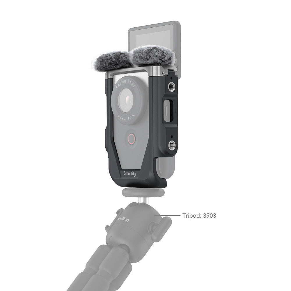 Canon PowerShot V10 Advanced Vlogging Kit: Compact 15MP 1" BSI CMOS sensor, built-in 19mm wide-angle lens, UHD 4K30p and Full HD 60p video, dual stereo microphones with wind filter, enhanced image stabilization, 2" tilting touchscreen, built-in stand, Wi-Fi & Bluetooth, plastic-free packaging, includes camera cage kit with windshields and storage bag.