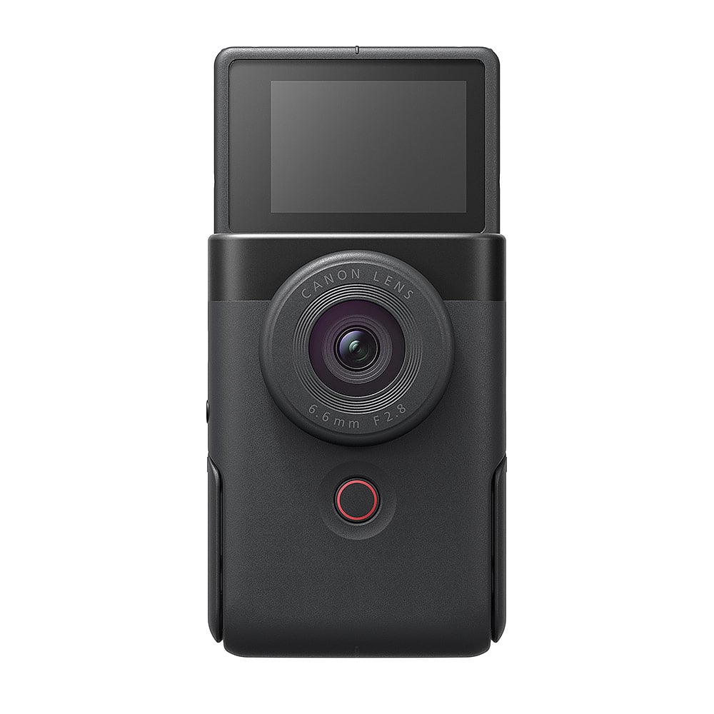 Canon PowerShot V10 Advanced Vlogging Kit: Compact 15MP 1" BSI CMOS sensor, built-in 19mm wide-angle lens, UHD 4K30p and Full HD 60p video, dual stereo microphones with wind filter, enhanced image stabilization, 2" tilting touchscreen, built-in stand, Wi-Fi & Bluetooth, plastic-free packaging, includes camera cage kit with windshields and storage bag.