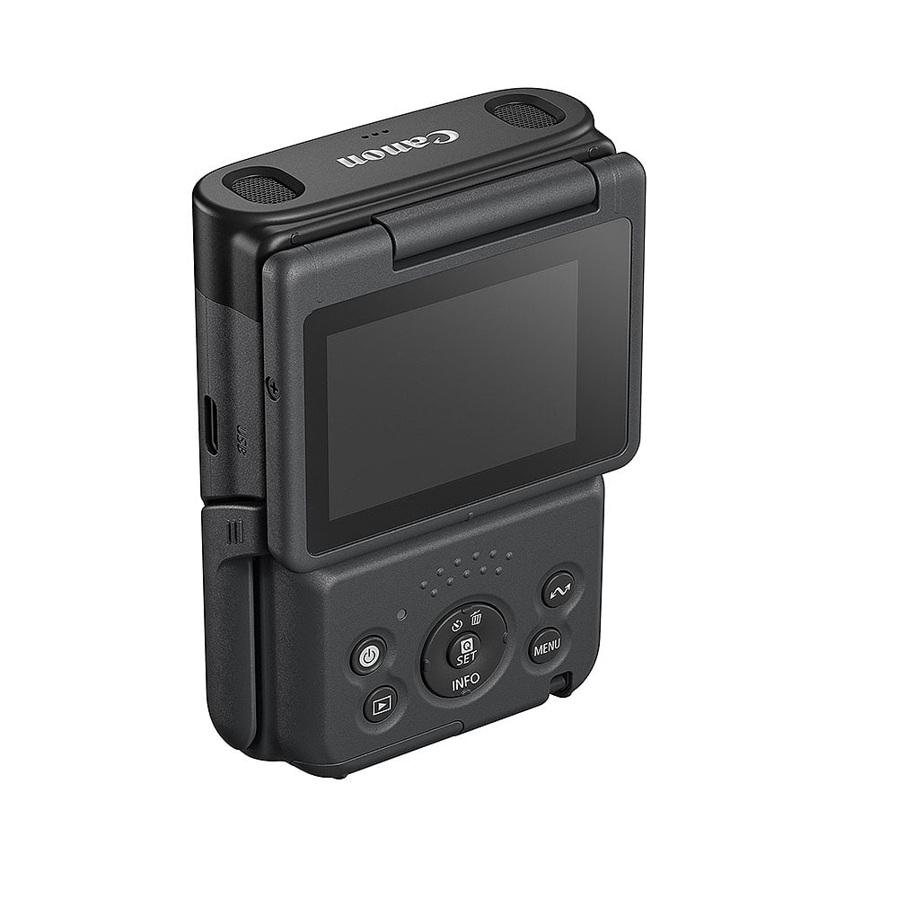 Canon PowerShot V10 Advanced Vlogging Kit: Compact 15MP 1" BSI CMOS sensor, built-in 19mm wide-angle lens, UHD 4K30p and Full HD 60p video, dual stereo microphones with wind filter, enhanced image stabilization, 2" tilting touchscreen, built-in stand, Wi-Fi & Bluetooth, plastic-free packaging, includes camera cage kit with windshields and storage bag.