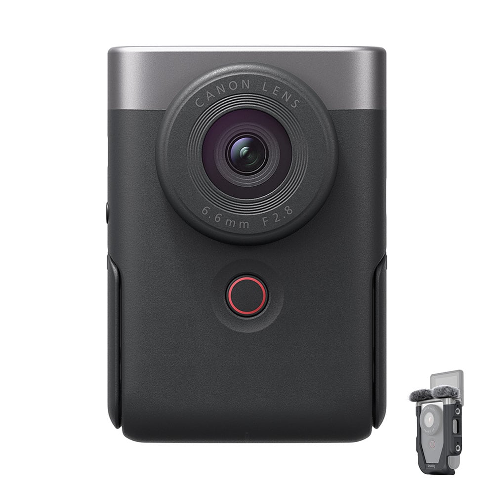 Canon PowerShot V10 Advanced Vlogging Kit (Silver): Compact 15MP 1" BSI CMOS sensor, fixed 19mm wide-angle lens, UHD 4K30p and Full HD 60p video, dual built-in stereo mics with wind filter, enhanced image stabilization, 2" tilting touchscreen, built-in stand, Wi-Fi & Bluetooth, camera cage kit included for accessory mounting and wind noise reduction.