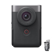 Canon PowerShot V10 Advanced Vlogging Kit (Silver): Compact 15MP 1" BSI CMOS sensor, fixed 19mm wide-angle lens, UHD 4K30p and Full HD 60p video, dual built-in stereo mics with wind filter, enhanced image stabilization, 2" tilting touchscreen, built-in stand, Wi-Fi & Bluetooth, camera cage kit included for accessory mounting and wind noise reduction.