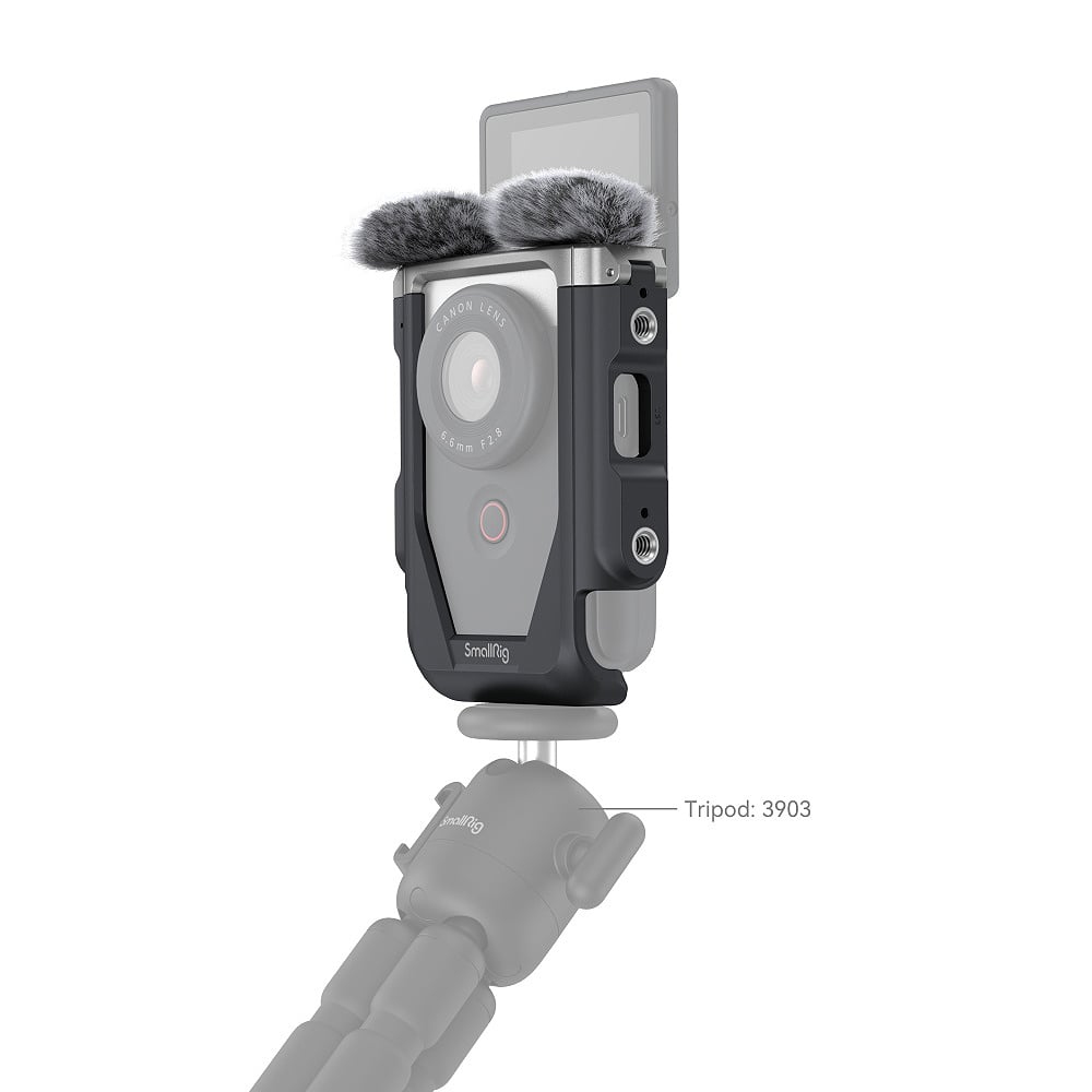 Canon PowerShot V10 Advanced Vlogging Kit (Silver): Compact 15MP 1" BSI CMOS sensor, fixed 19mm wide-angle lens, UHD 4K30p and Full HD 60p video, dual built-in stereo mics with wind filter, enhanced image stabilization, 2" tilting touchscreen, built-in stand, Wi-Fi & Bluetooth, camera cage kit included for accessory mounting and wind noise reduction.