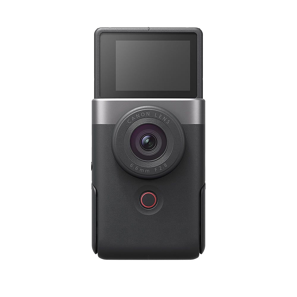Canon PowerShot V10 Advanced Vlogging Kit (Silver): Compact 15MP 1" BSI CMOS sensor, fixed 19mm wide-angle lens, UHD 4K30p and Full HD 60p video, dual built-in stereo mics with wind filter, enhanced image stabilization, 2" tilting touchscreen, built-in stand, Wi-Fi & Bluetooth, camera cage kit included for accessory mounting and wind noise reduction.