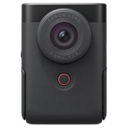 Canon PowerShot V10 Vlog Camera in black, compact rectangular body with wide-angle lens, tilting flip-up screen, and built-in stand.