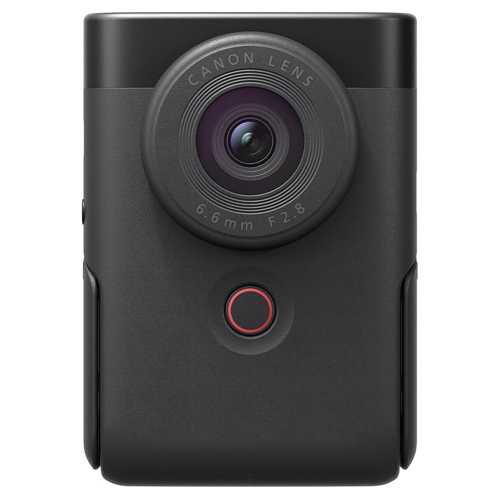 Canon PowerShot V10 Vlog Camera in black, compact rectangular body with wide-angle lens, tilting flip-up screen, and built-in stand.