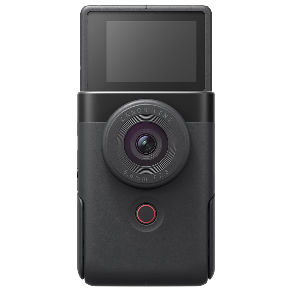Canon PowerShot V10 Vlog Camera in black, compact rectangular body with wide-angle lens, tilting flip-up screen, and built-in stand.
