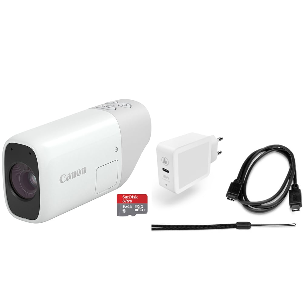Canon PowerShot ZOOM Essential Kit: 12MP CMOS sensor, 100-400mm optical zoom with 2x digital zoom up to 800mm equivalent, Full HD 1080p video at 30fps, 4-axis optical image stabilization, continuous autofocus, electronic viewfinder with 2.36m dots, one-touch zoom button, microSD slot, USB Type-C charging, Wi-Fi and Bluetooth connectivity, includes charger, wrist strap, interface cable, and 16GB microSD card.