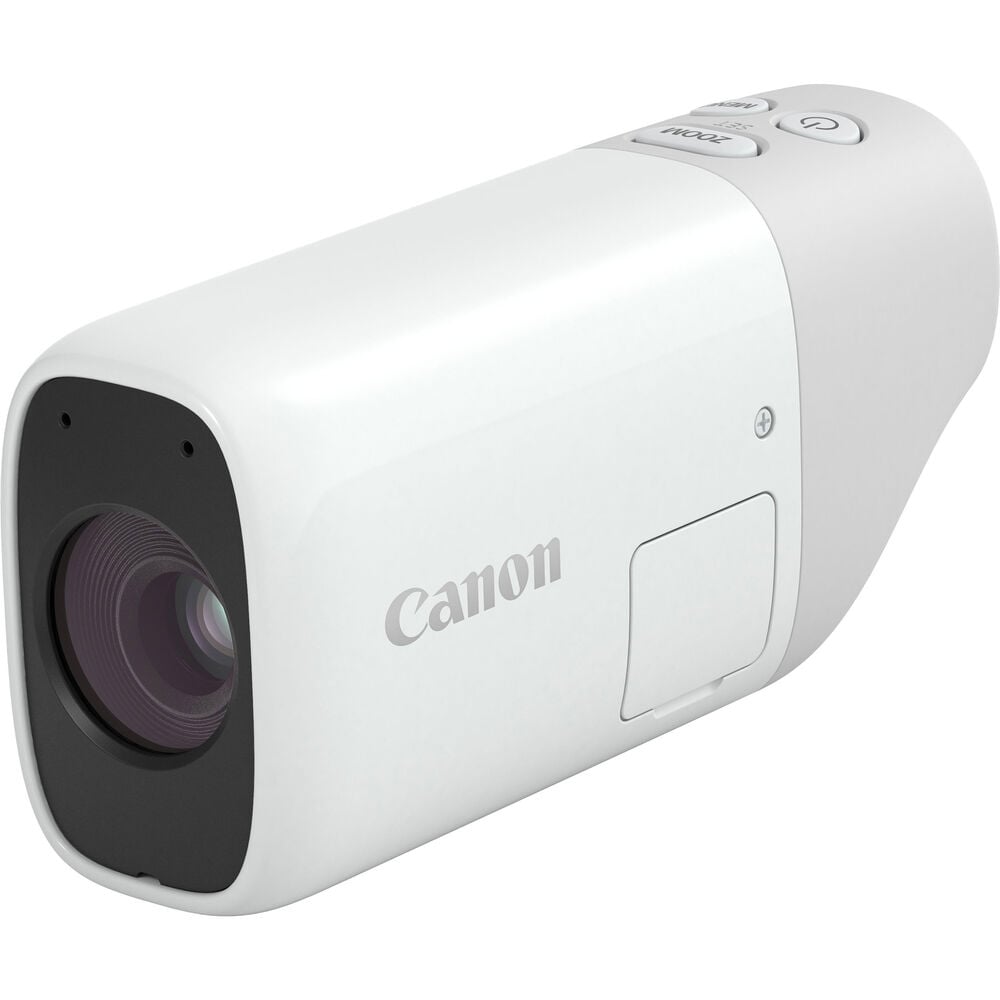 Canon PowerShot ZOOM Essential Kit: 12MP CMOS sensor, 100-400mm optical zoom with 2x digital zoom up to 800mm equivalent, Full HD 1080p video at 30fps, 4-axis optical image stabilization, continuous autofocus, electronic viewfinder with 2.36m dots, one-touch zoom button, microSD slot, USB Type-C charging, Wi-Fi and Bluetooth connectivity, includes charger, wrist strap, interface cable, and 16GB microSD card.