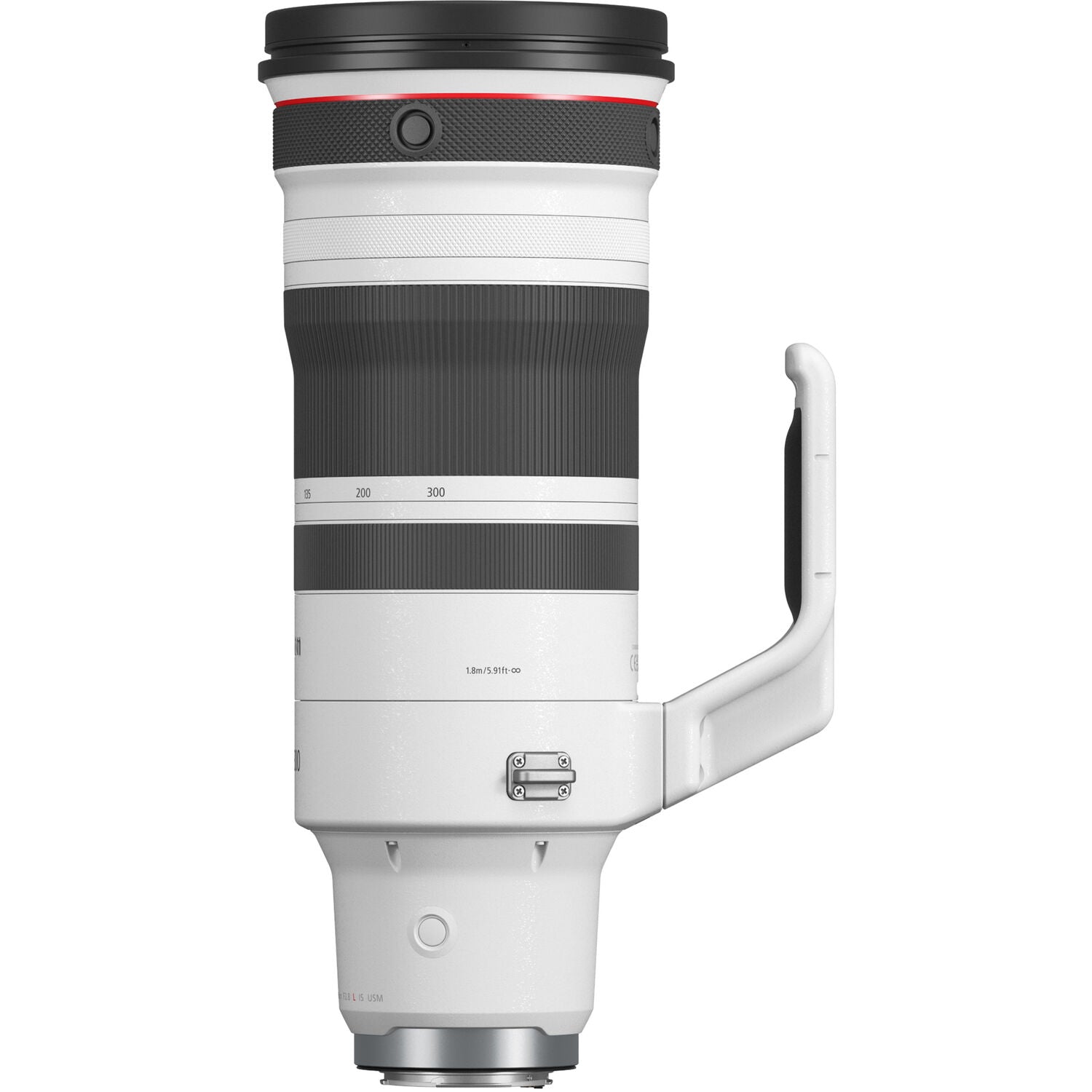 Camera lens with white body and black elements on a white background