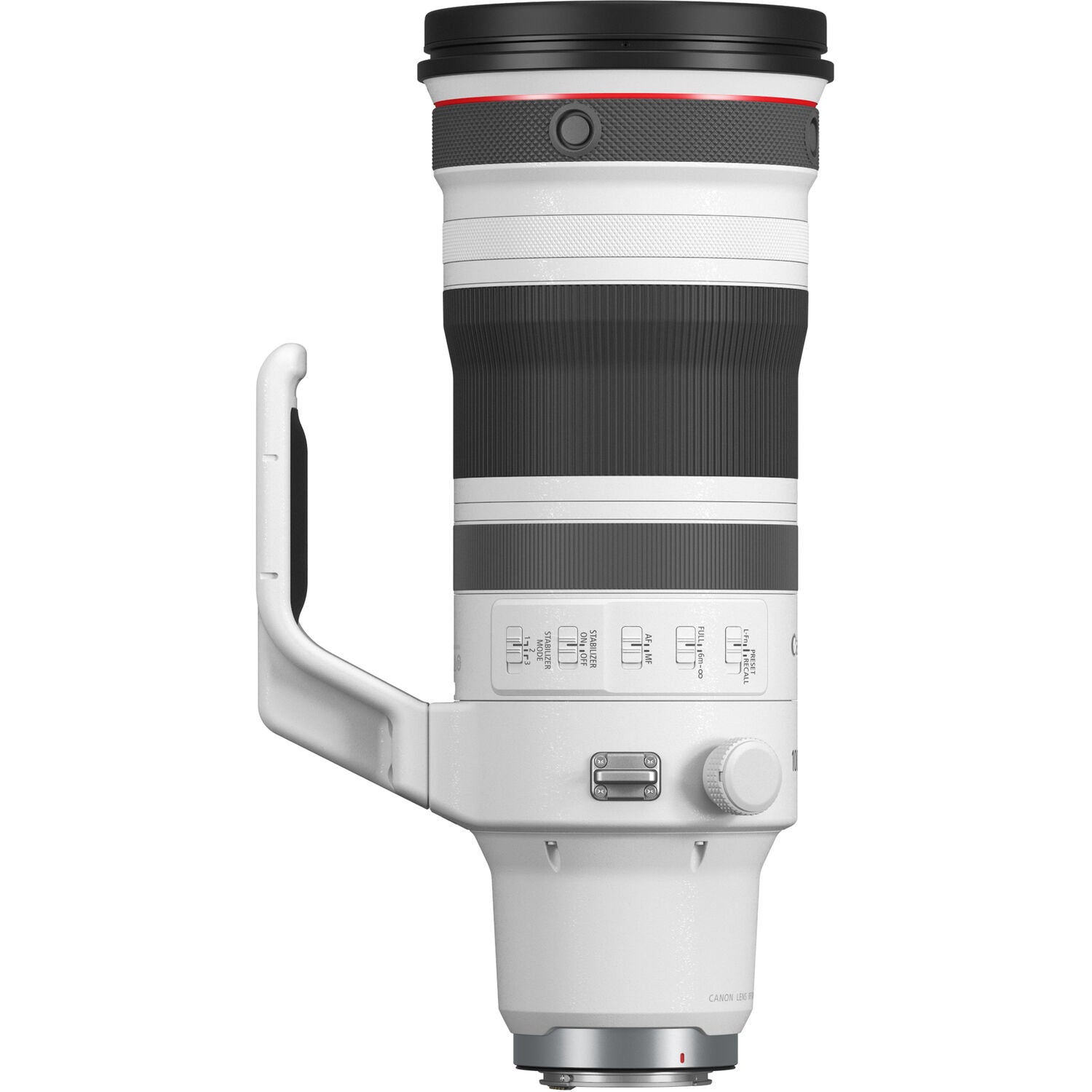 White camera lens with black and gray accents on a white background