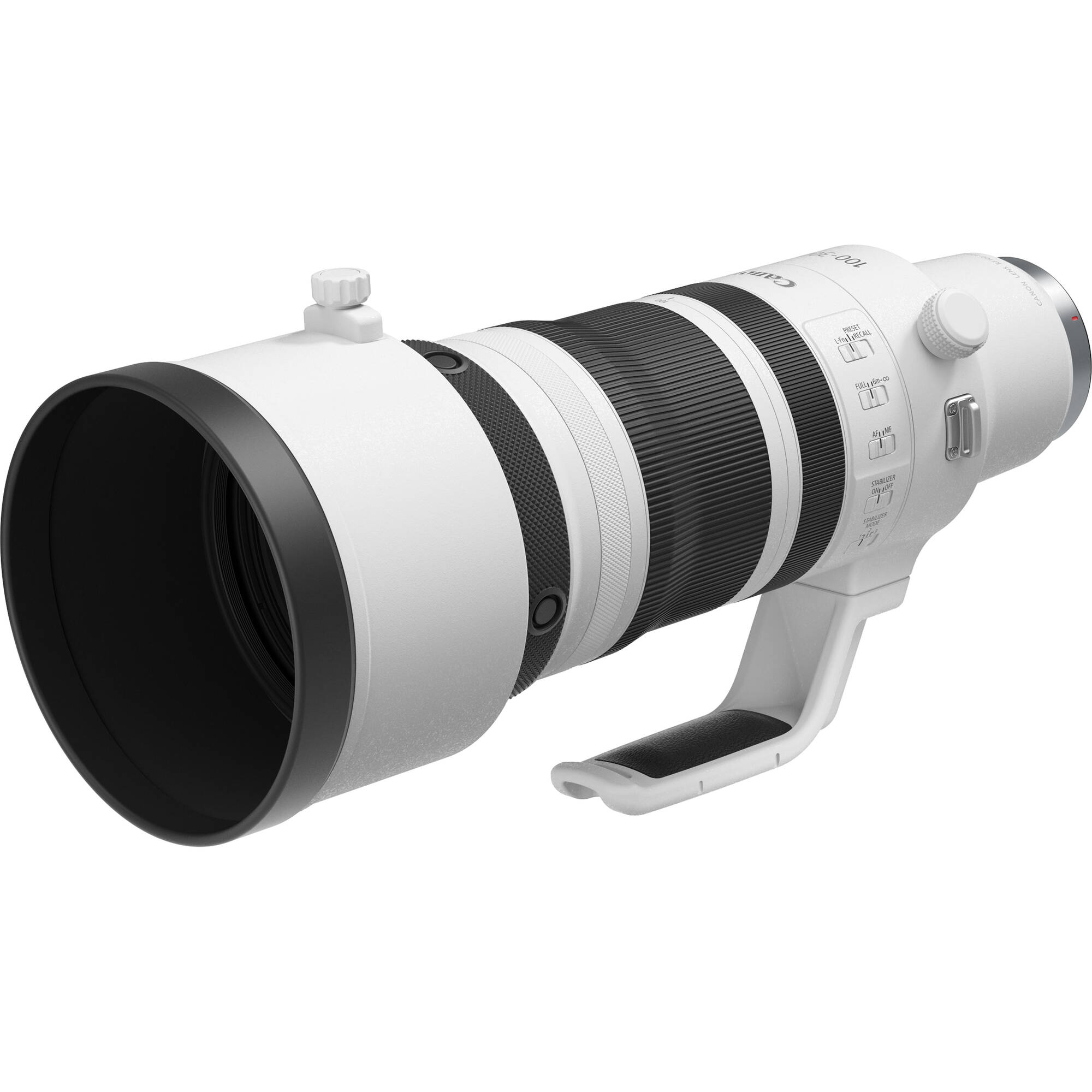 Camera lens with white body and black accents on a white background