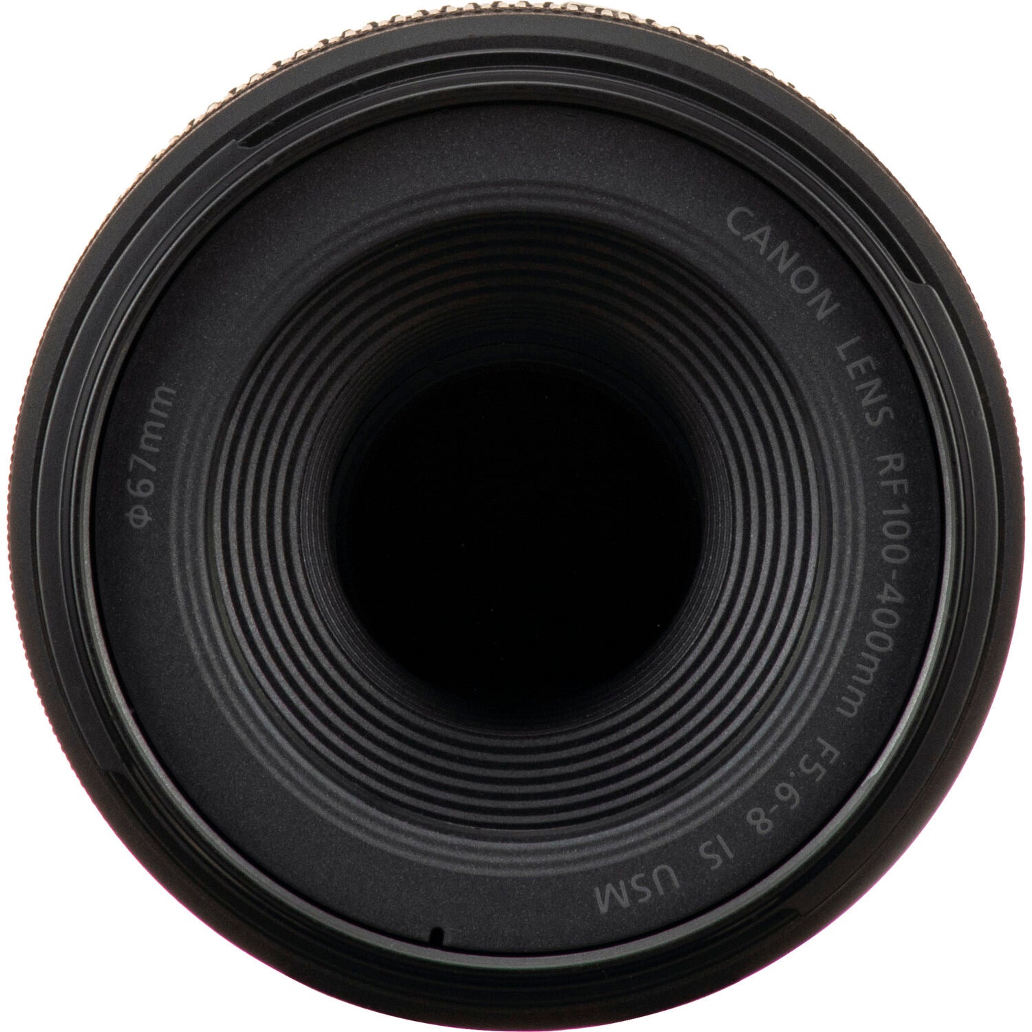 Front view of the Canon RF 100-400 telephoto zoom lens, with a 67mm filter thread.