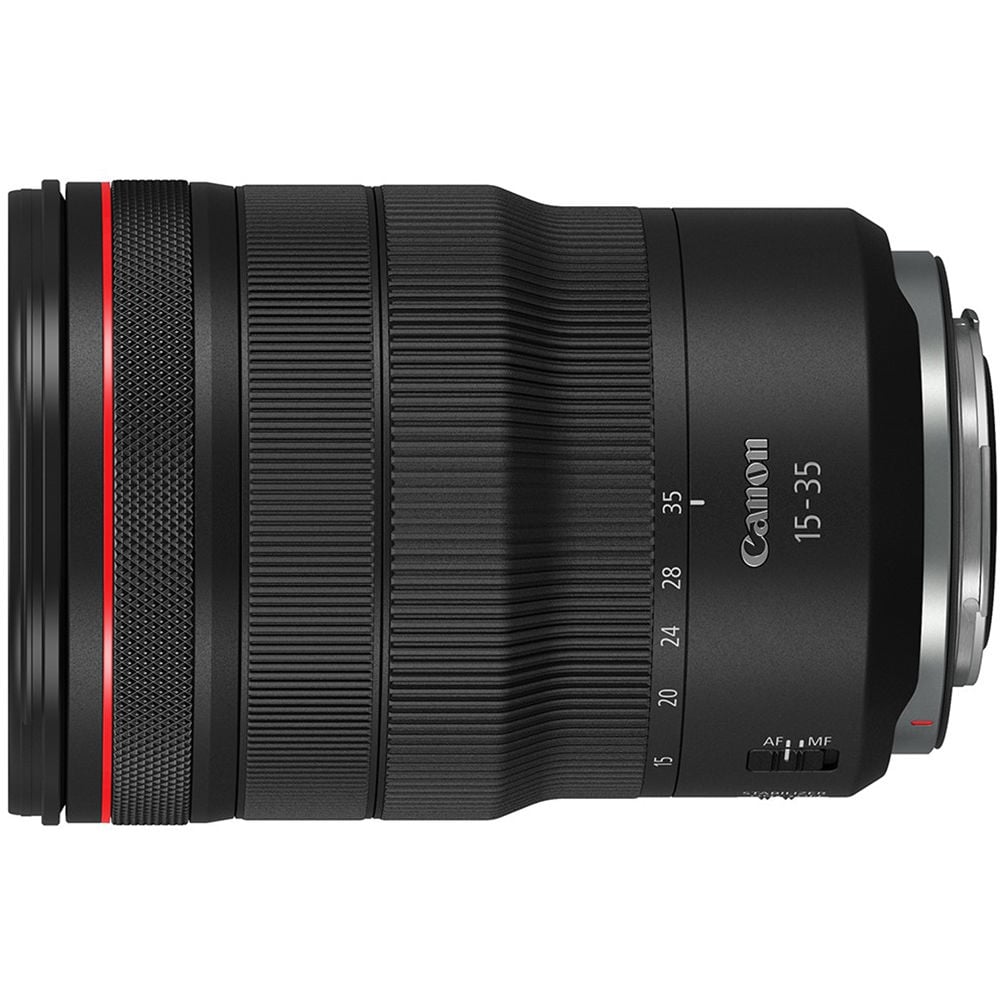 Canon camera lens with black and red design on a white background