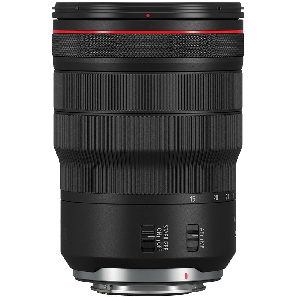 Camera lens with black and red design on a white background