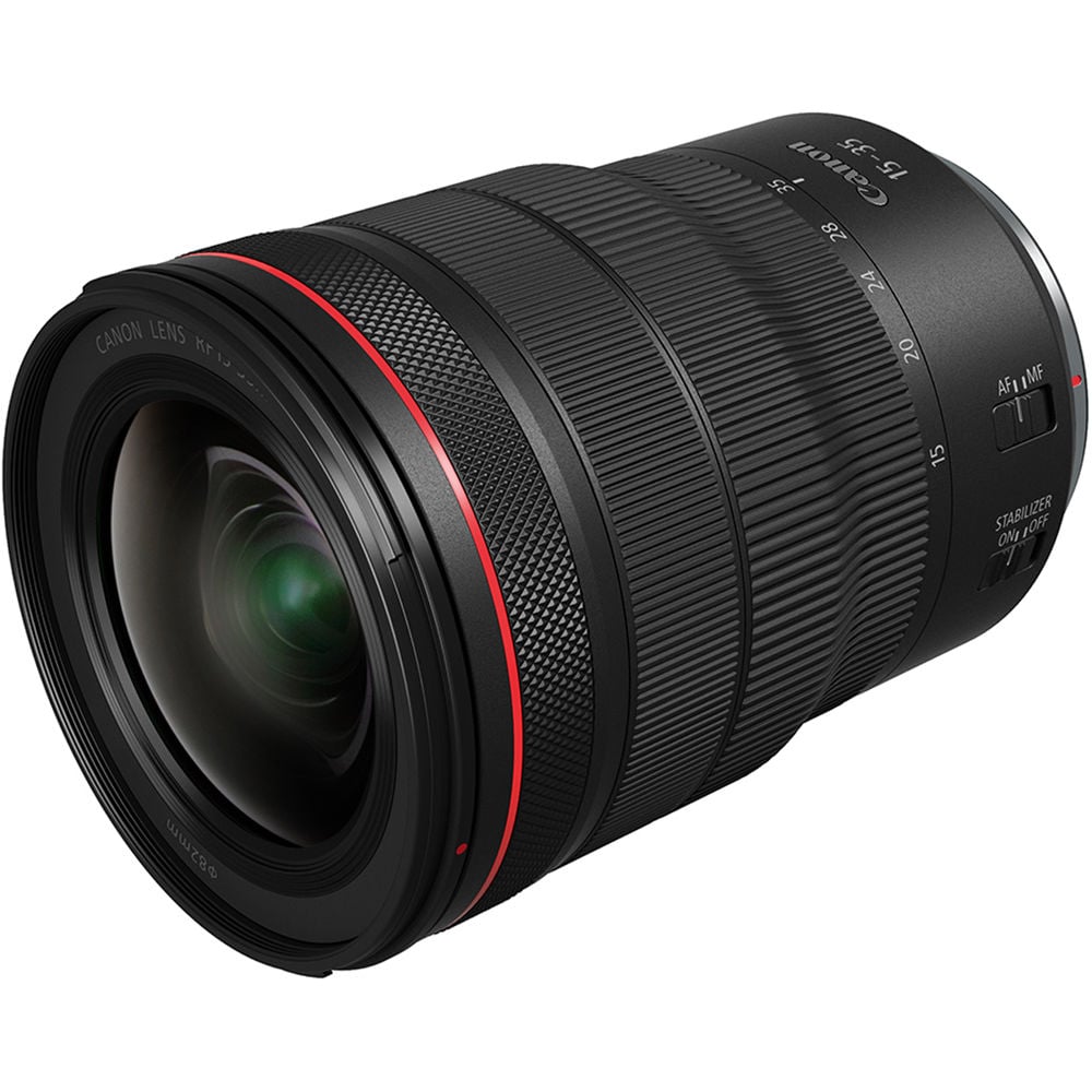 Camera lens with black and red design on a white background