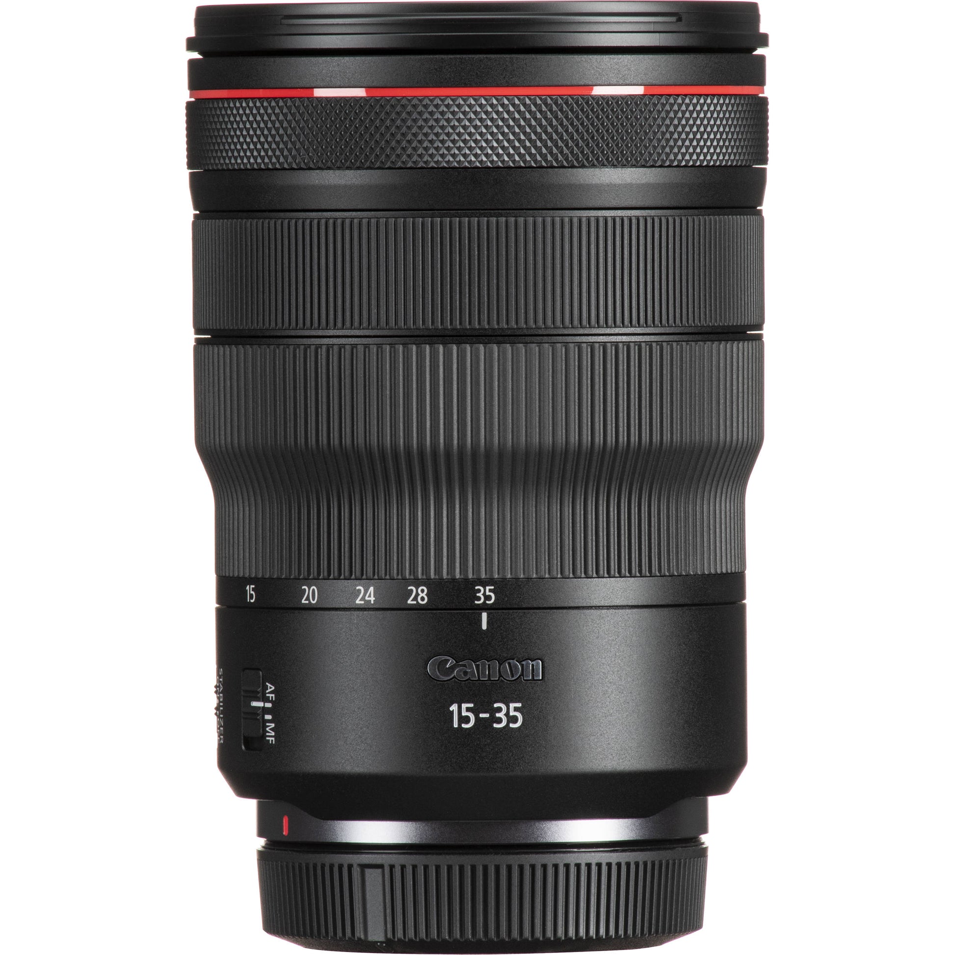 Canon camera lens with focus scale and brand logo on a white background
