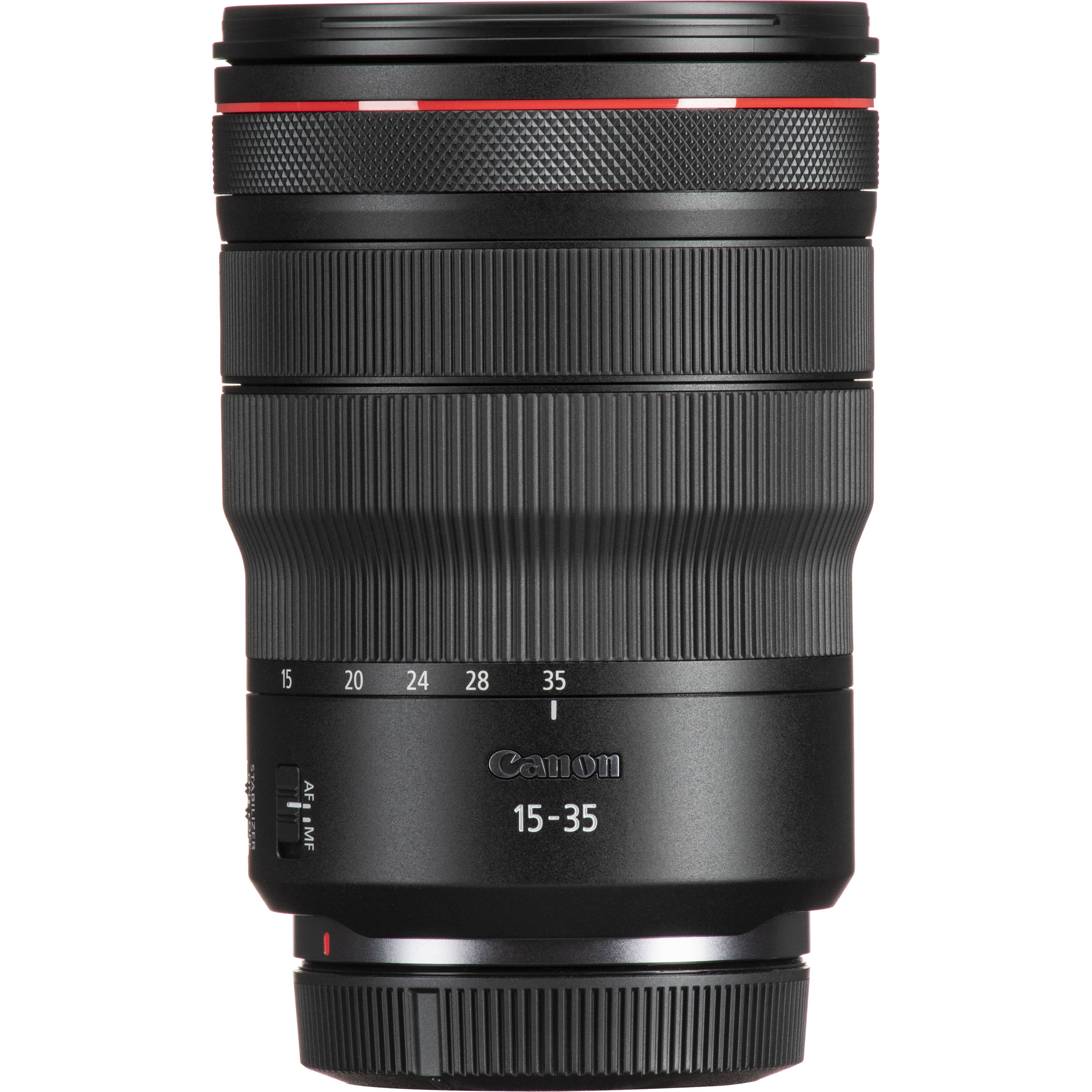 Canon camera lens with focus scale and brand logo on a white background