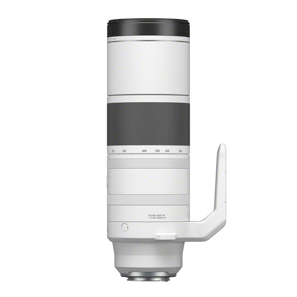 Camera lens with white body and black accents on a white background