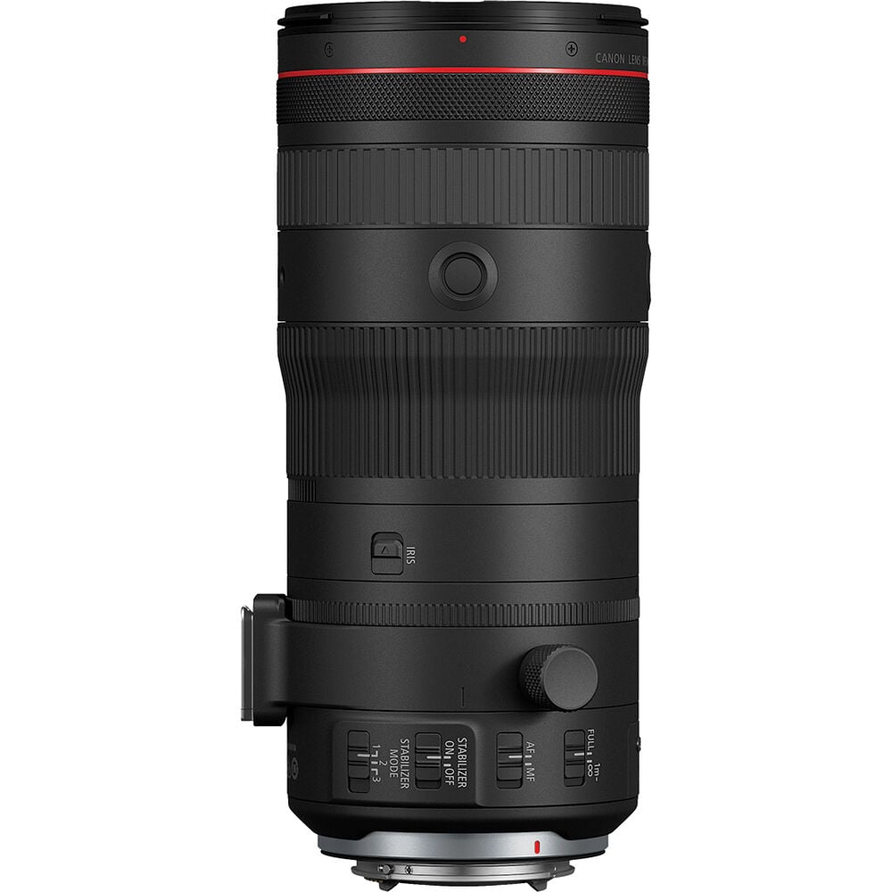 Camera lens with black and red design on a white background
