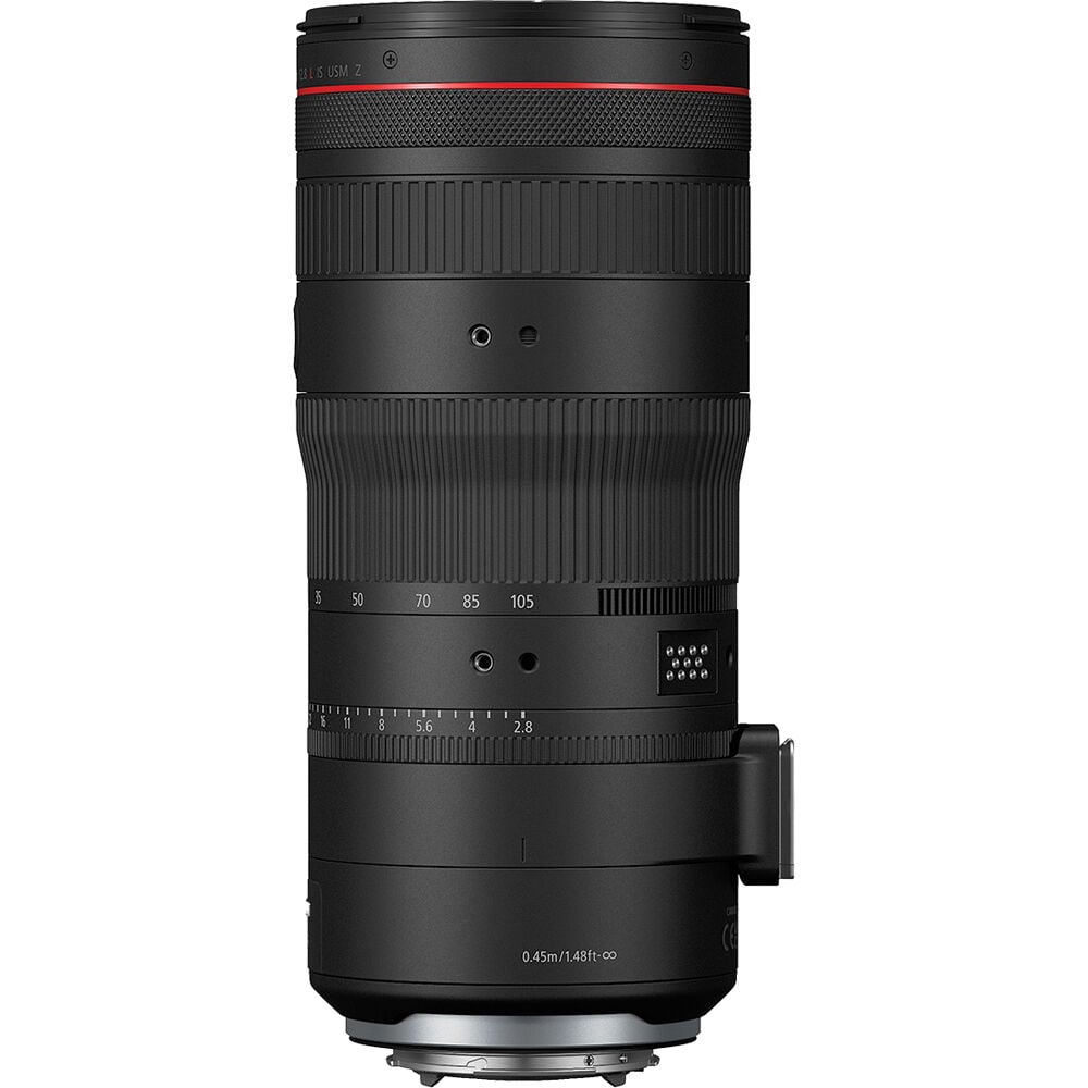 Camera lens with focus and zoom controls on a white background
