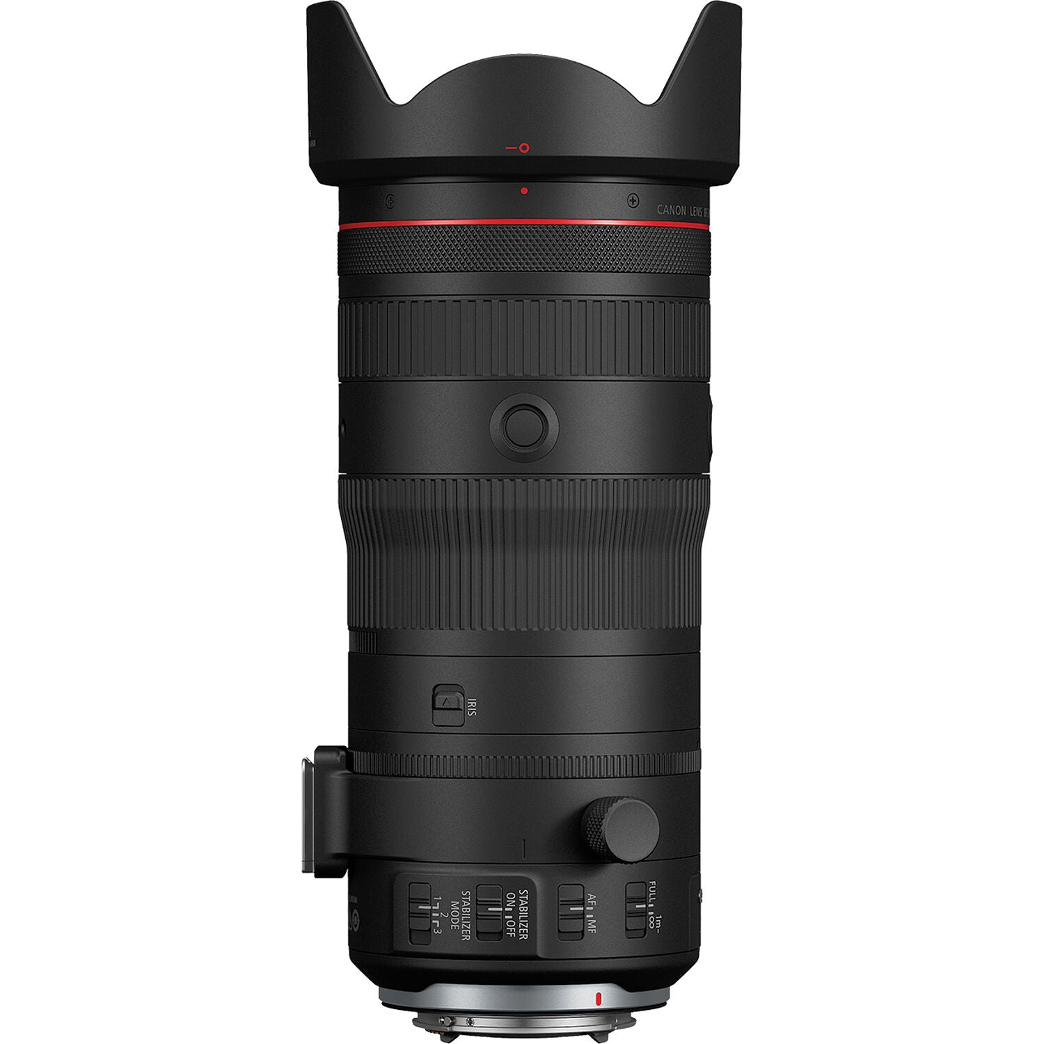 Camera lens with black and red design on a white background