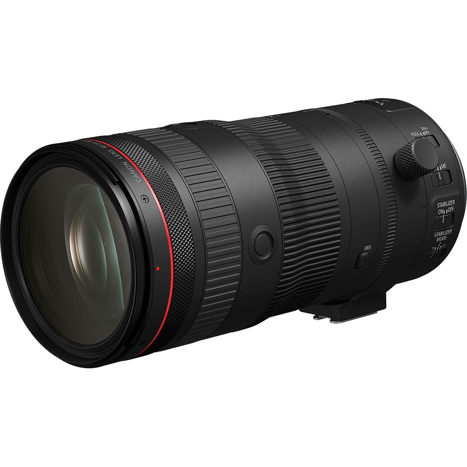 Camera lens with black and red design on a white background
